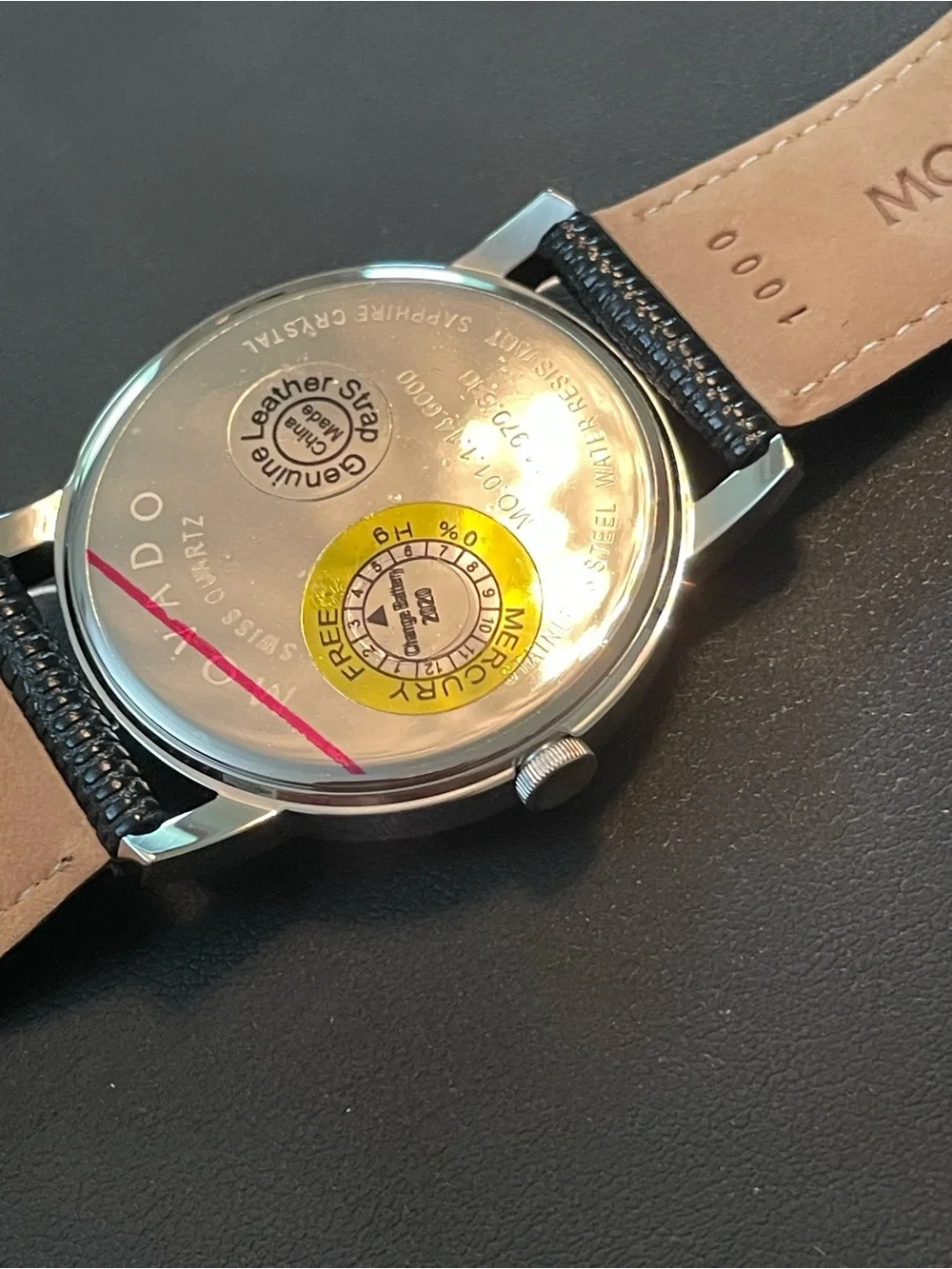 Movado Black Dial Silver Case Black Leather Strap Watch